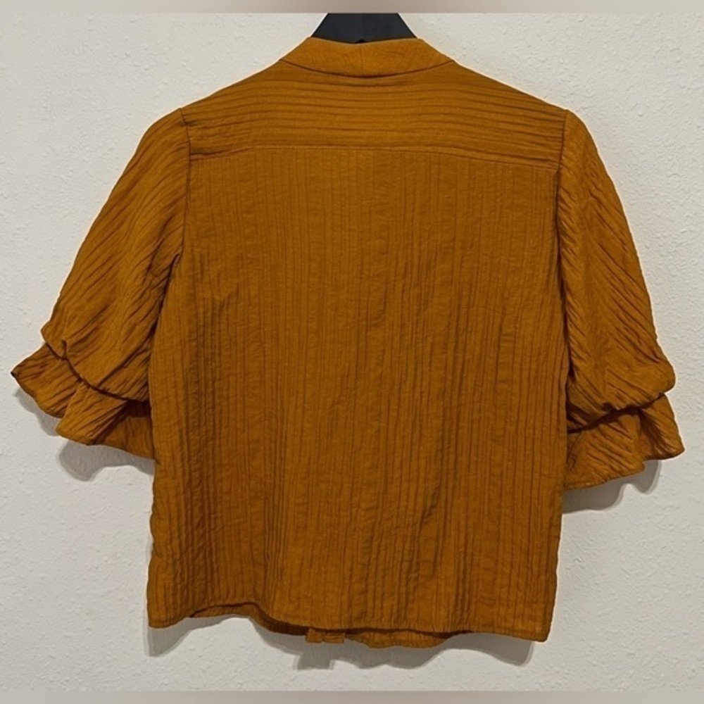 ZARA Mustard Blouse With Bow Detail Short Sleeve Button size XS - Picture 7 of 7